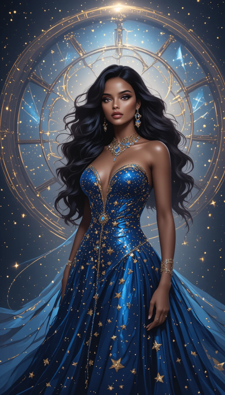 Elegant dark skinned woman in blue gown before celestial clock