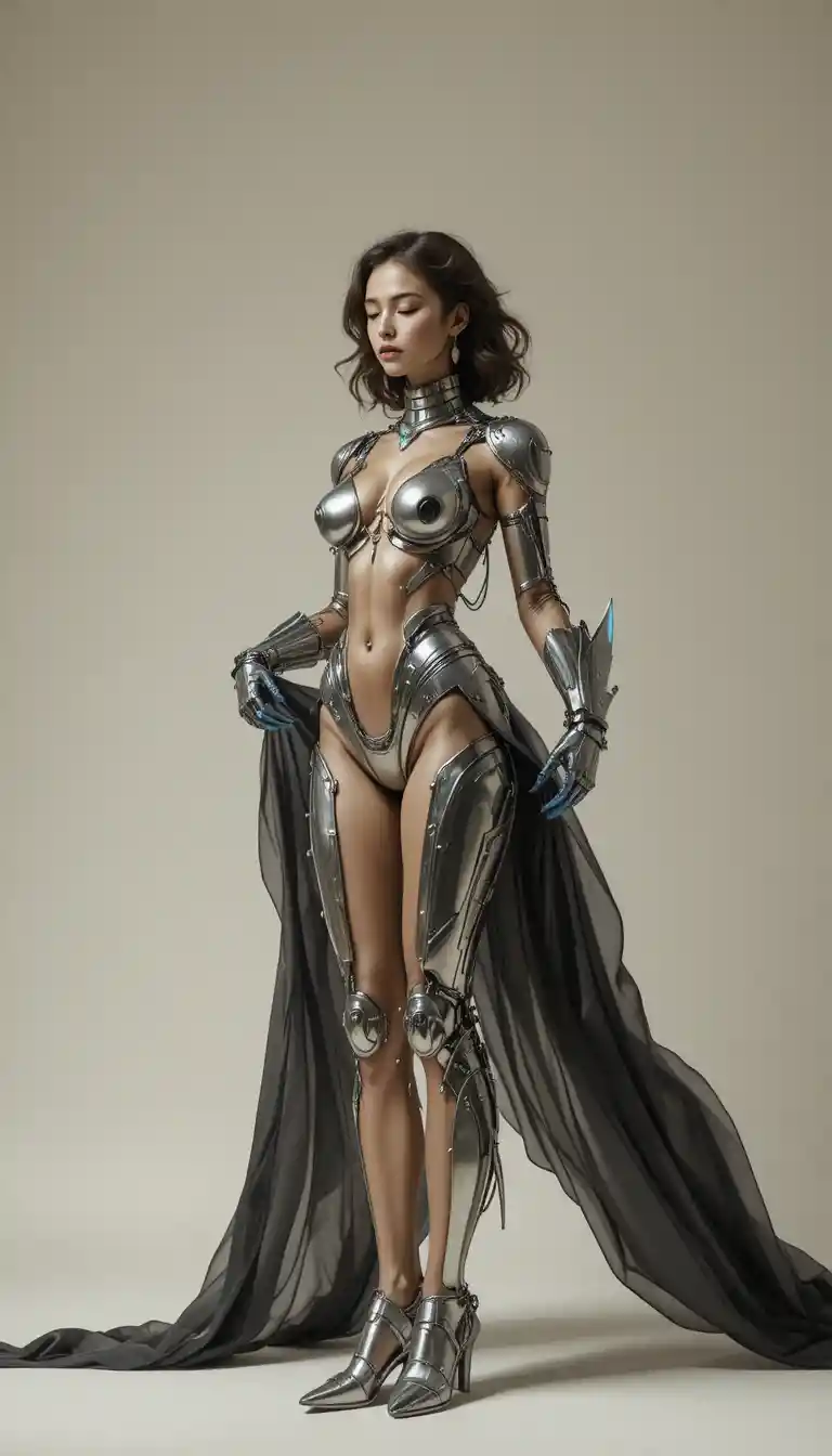 Sensual female cyborg with dragonfly wings in full body view