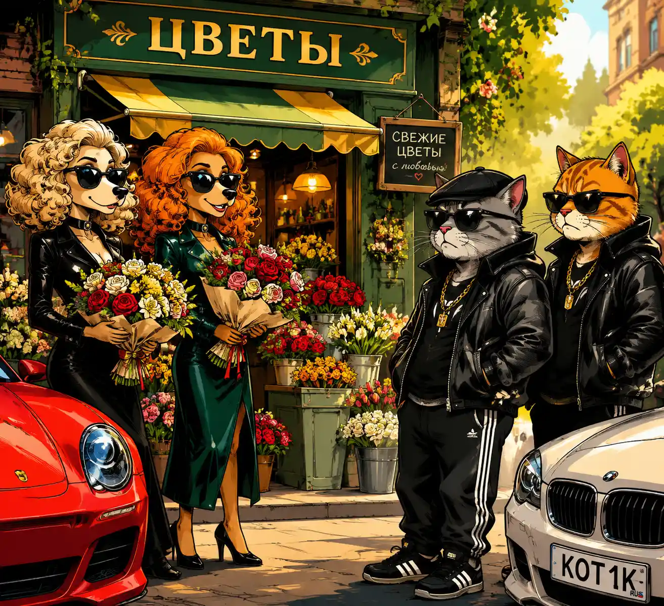 Cartoon gangster cats and elegant dogs at a flower shop