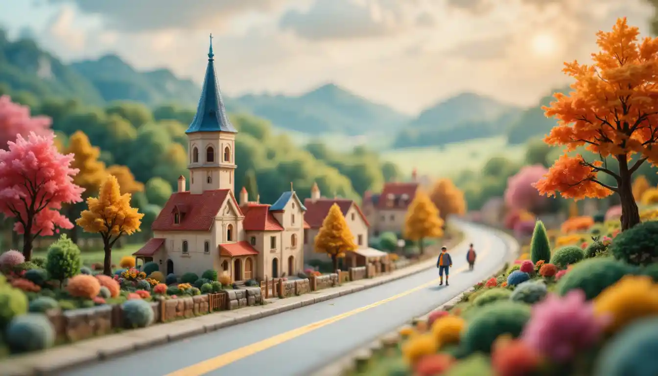 Cute clay bicycles racing through a cozy French village