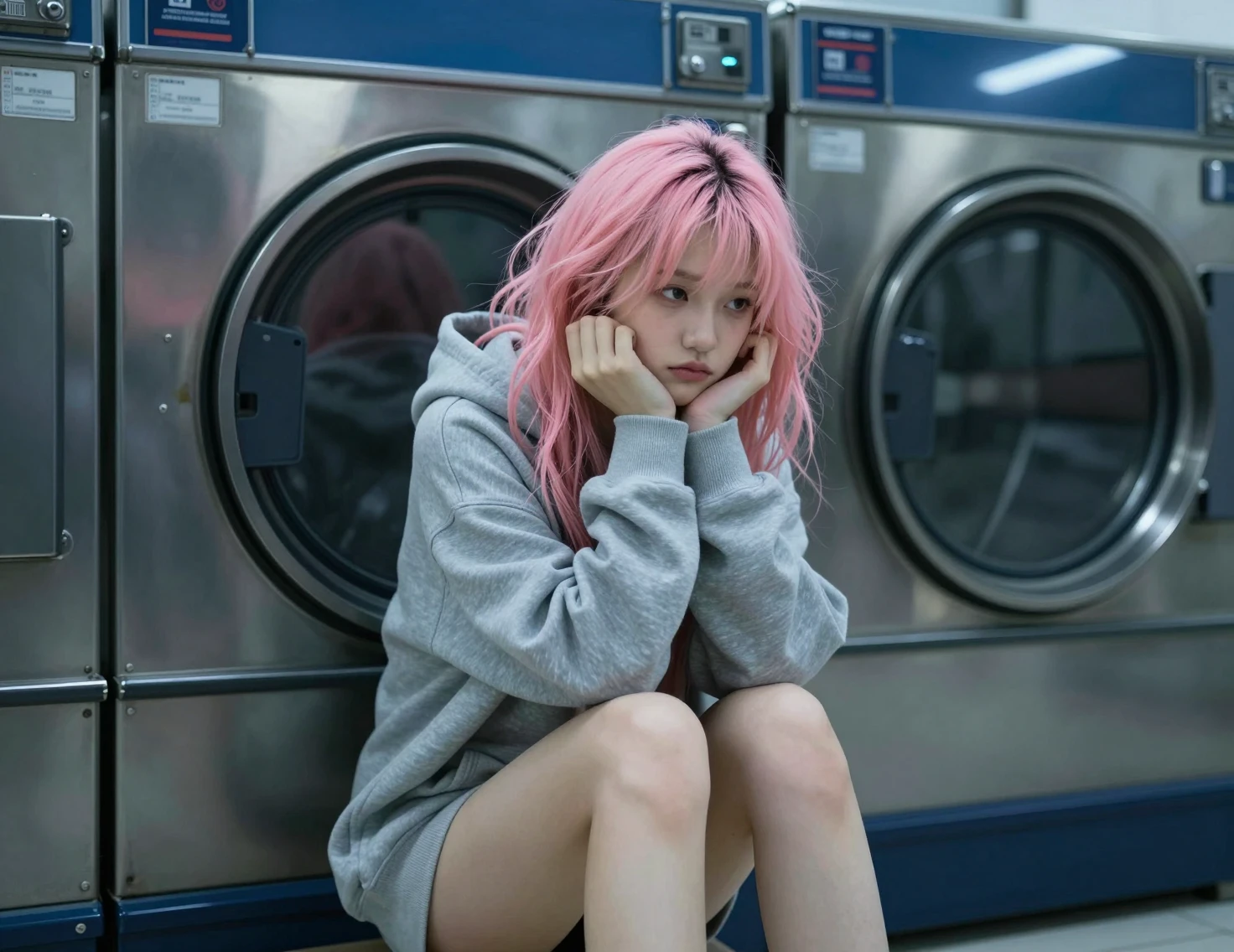 Young woman in hoodie waiting alone in a laundromat