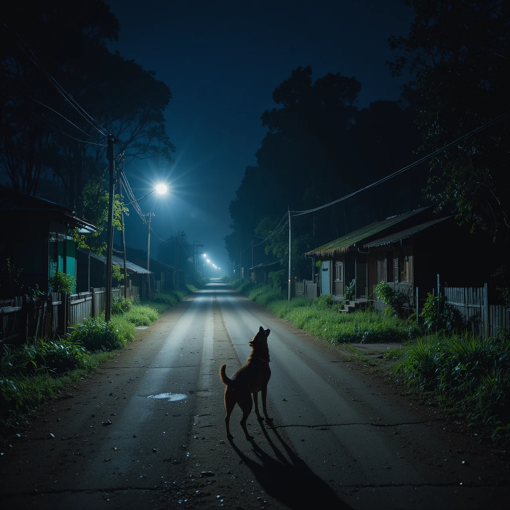 Lonely dog howling on a quiet village road at night