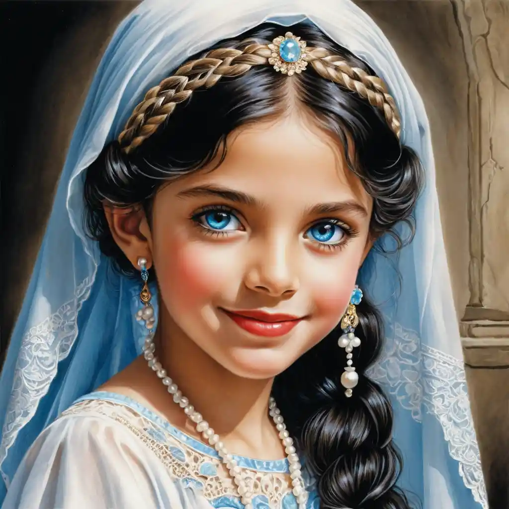 Smiling blue eyed girl in white lace veil portrait