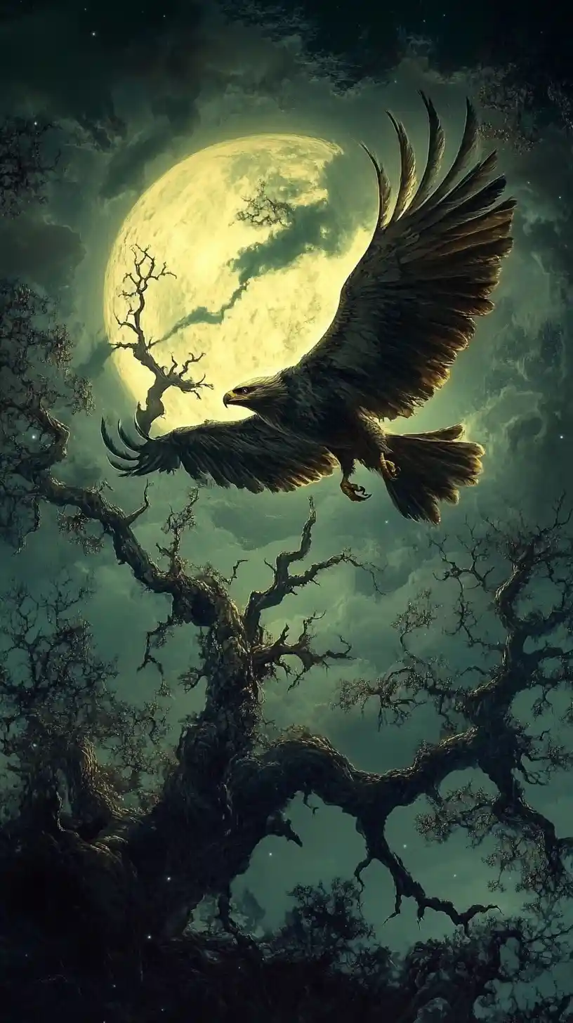 Large eagle flying across an intense glowing moonlit sky