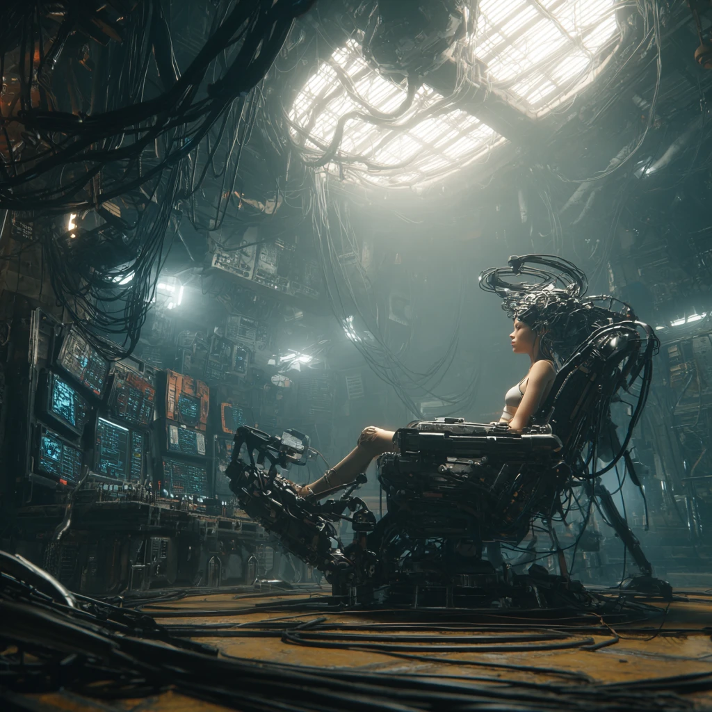 Cyberpunk woman in neural interface chair in lab interior