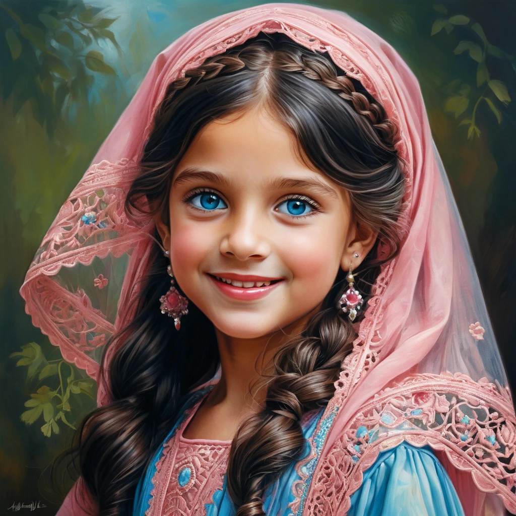 Smiling girl in pink burqa with blue eyes illustration