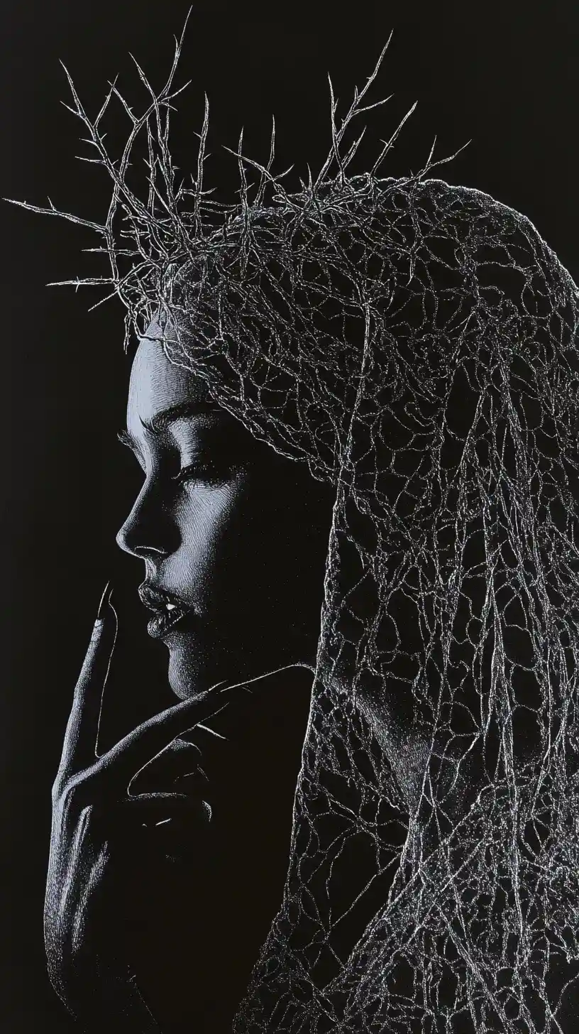 Vampire queen in profile with lace veil and thorns