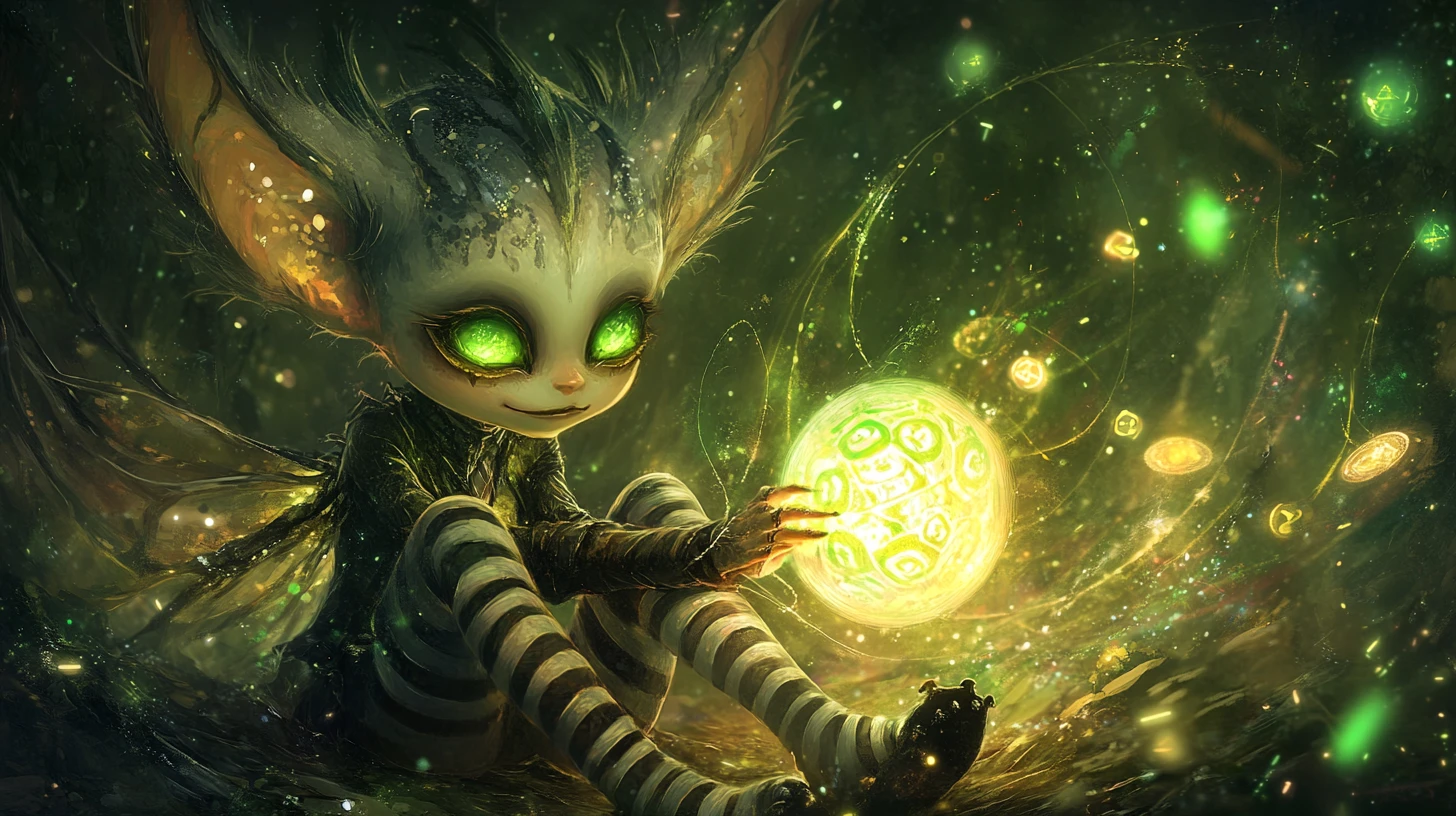 Whimsical gothic demon holding a glowing dream orb