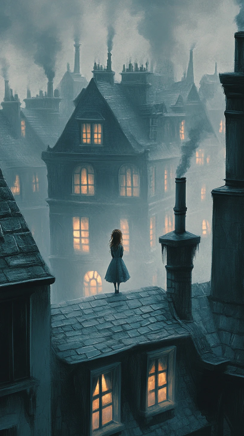 Tiny girl walking across dreamy rooftop cityscape