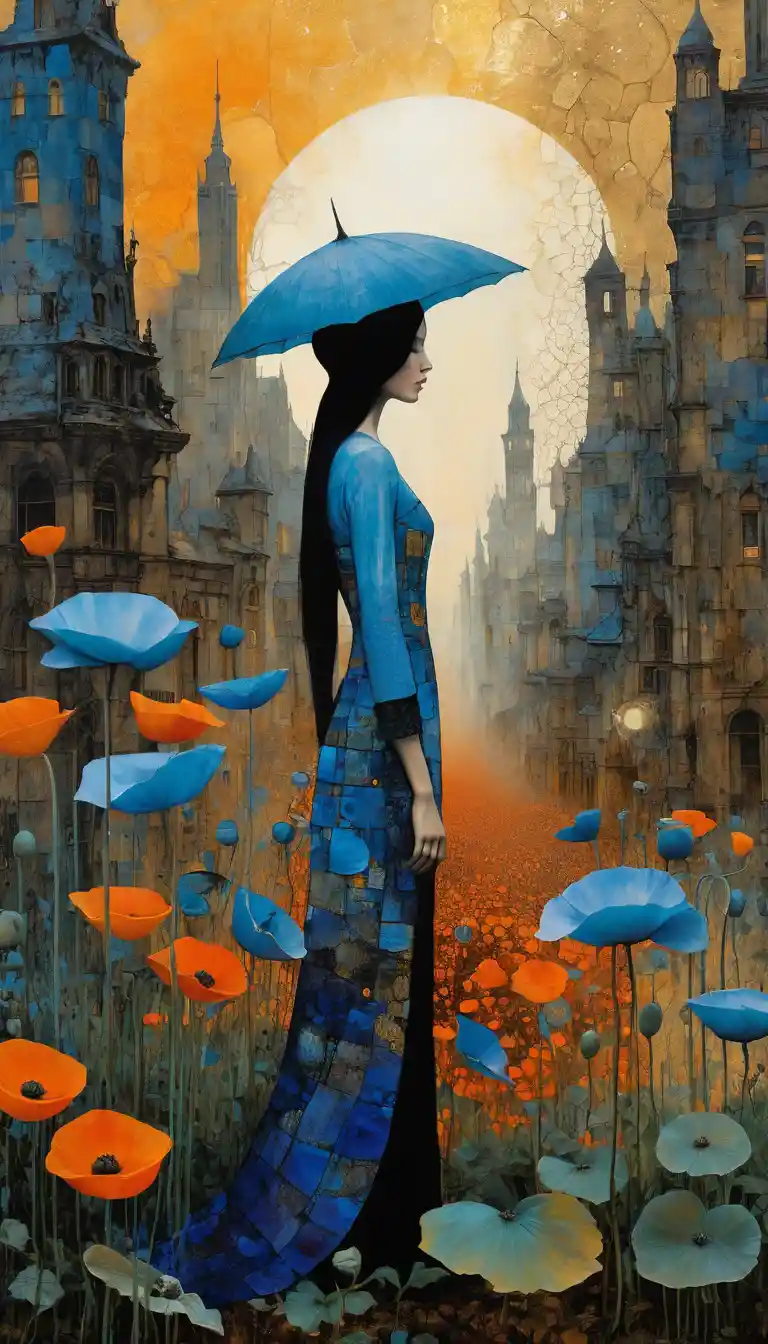 Surreal blue poppies in a glowing fantasy window city