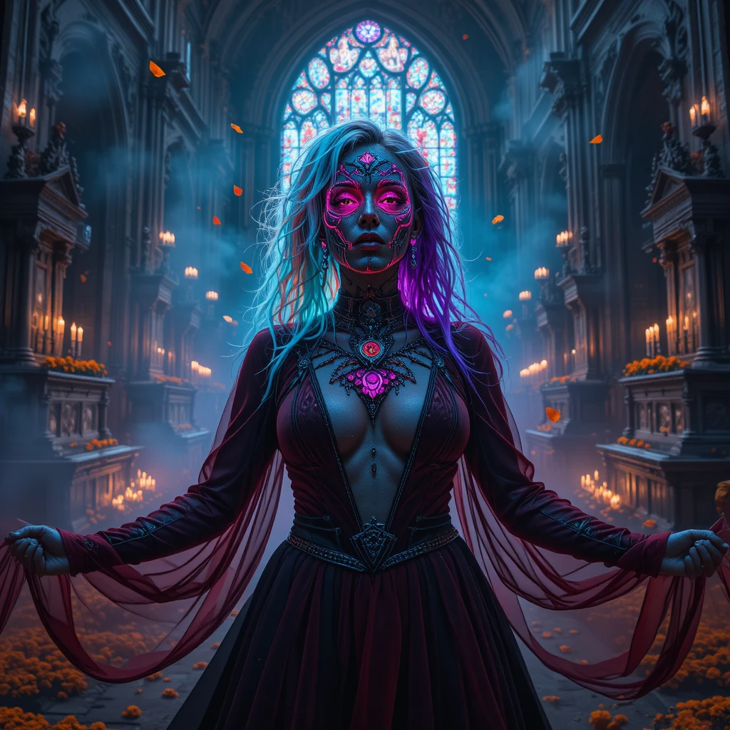 Cyberpunk woman in neon lit gothic cathedral ritual