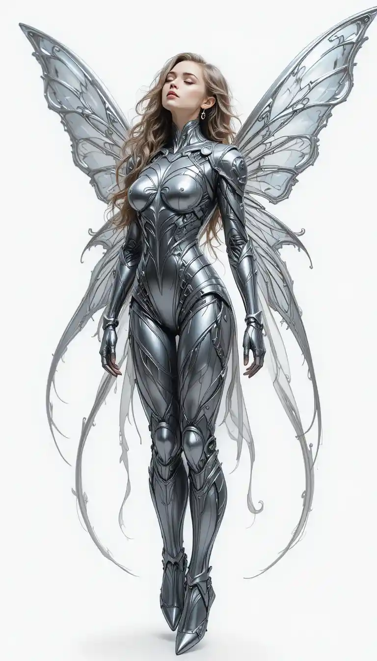 Armored fairy woman with silver wings on white background