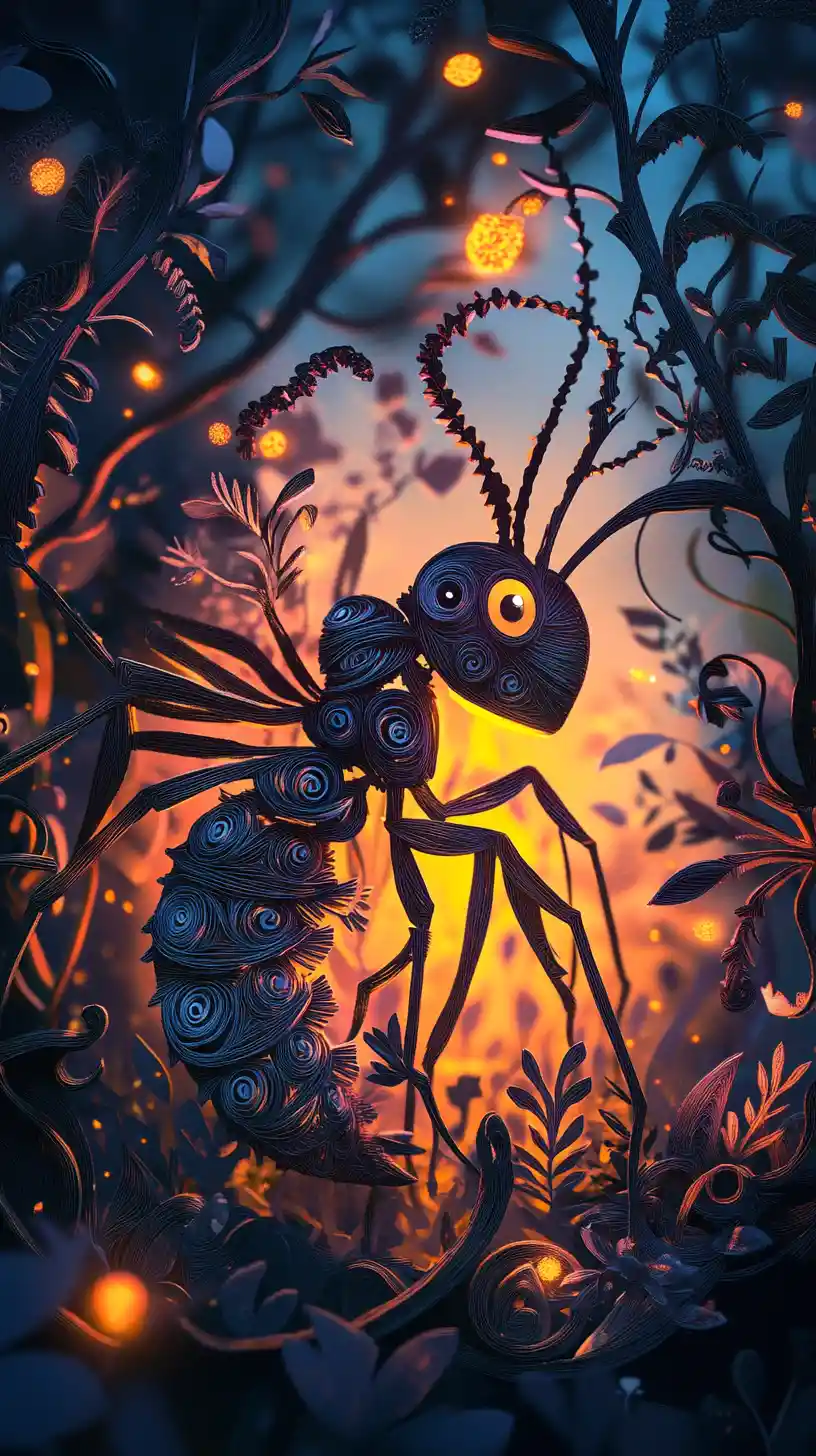 Metallic ant in an enchanted fantasy garden close up
