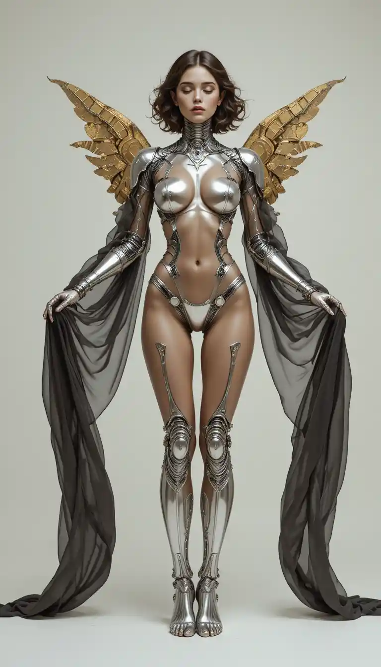 Sensual female cyborg with insect wings in full body pose