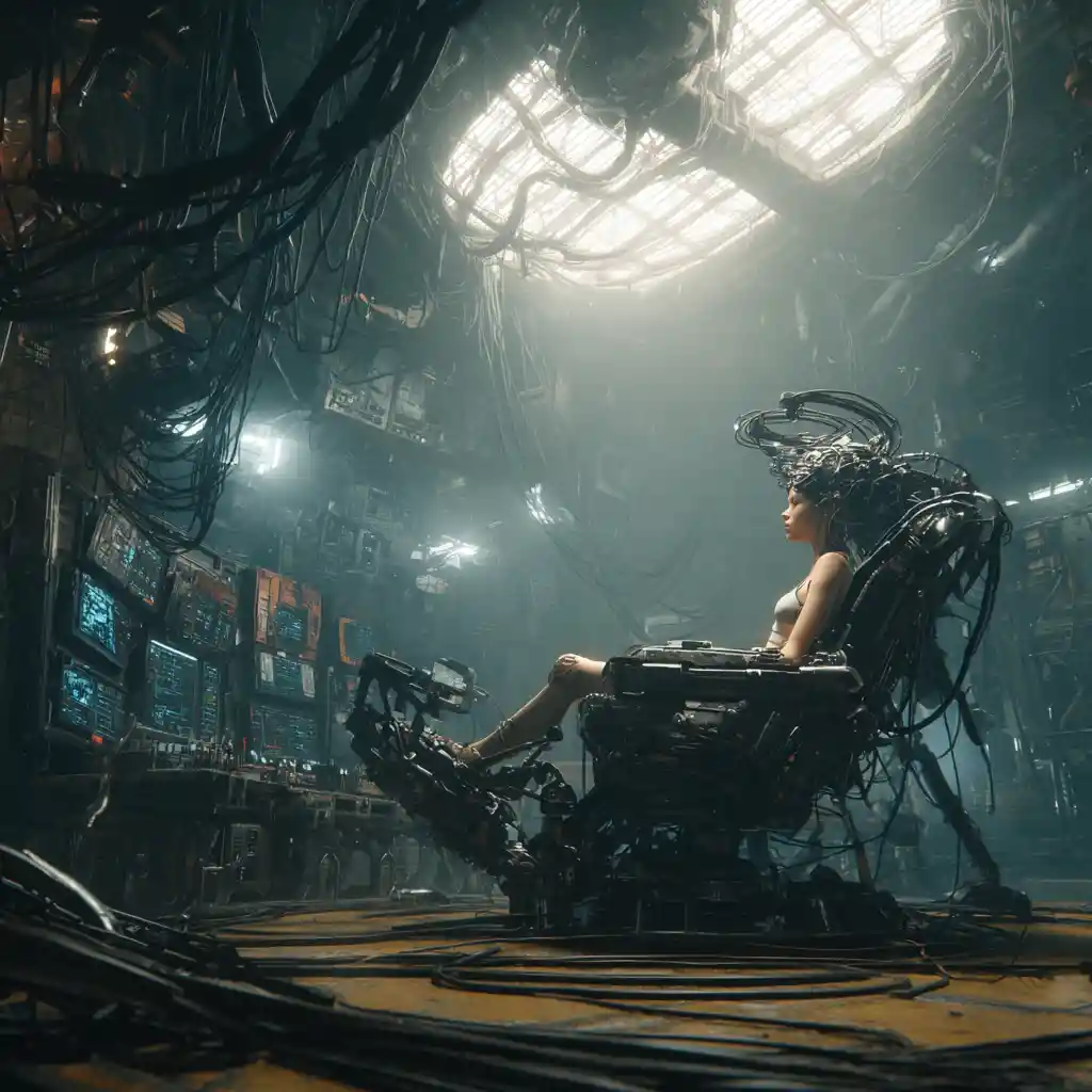 Cyberpunk woman in neural interface chair in lab interior