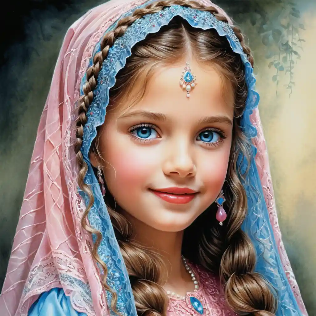Smiling blue eyed girl in pink burqa colored pencil portrait