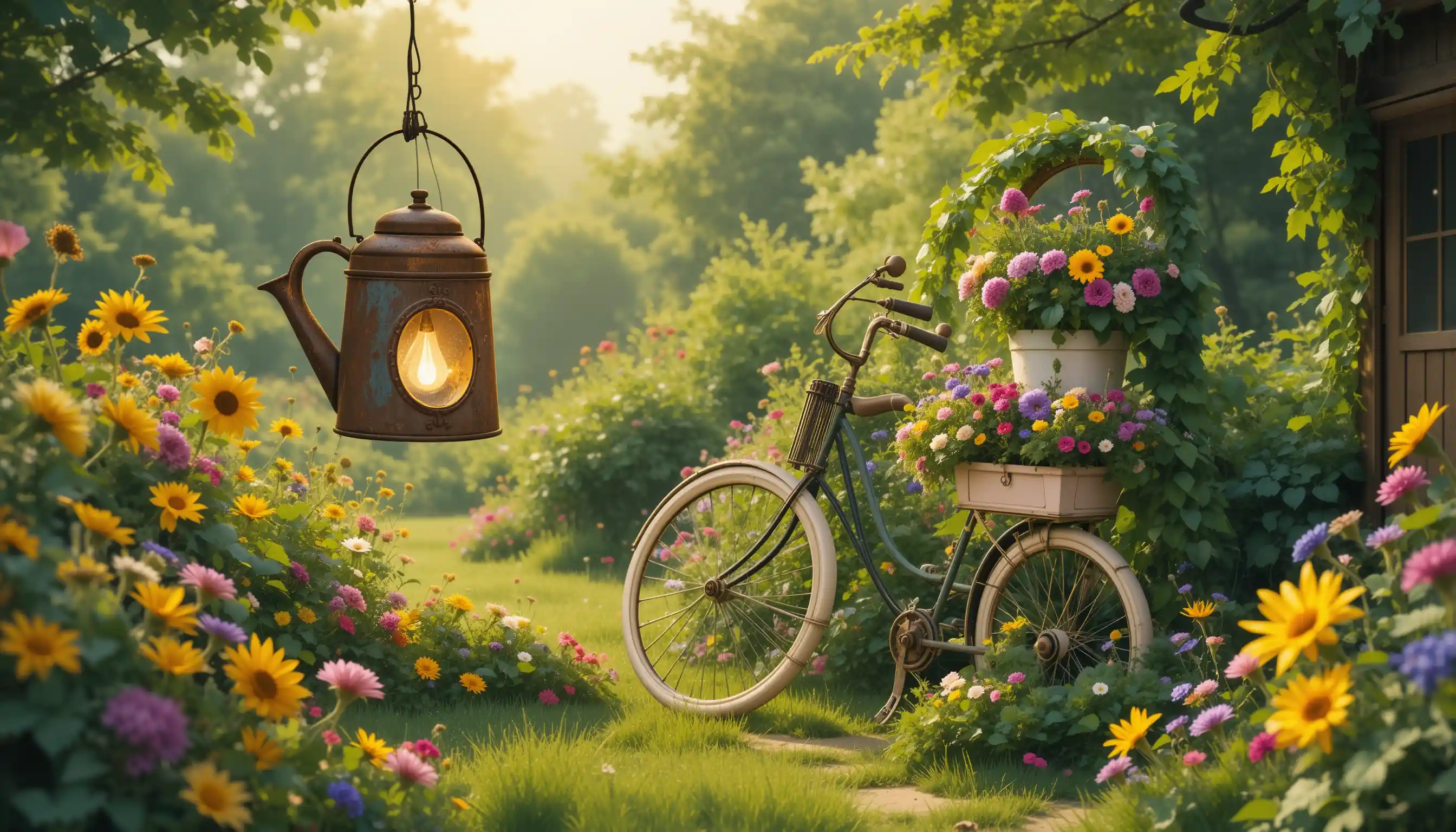 Whimsical upcycled garden decor in a sunny summer yard