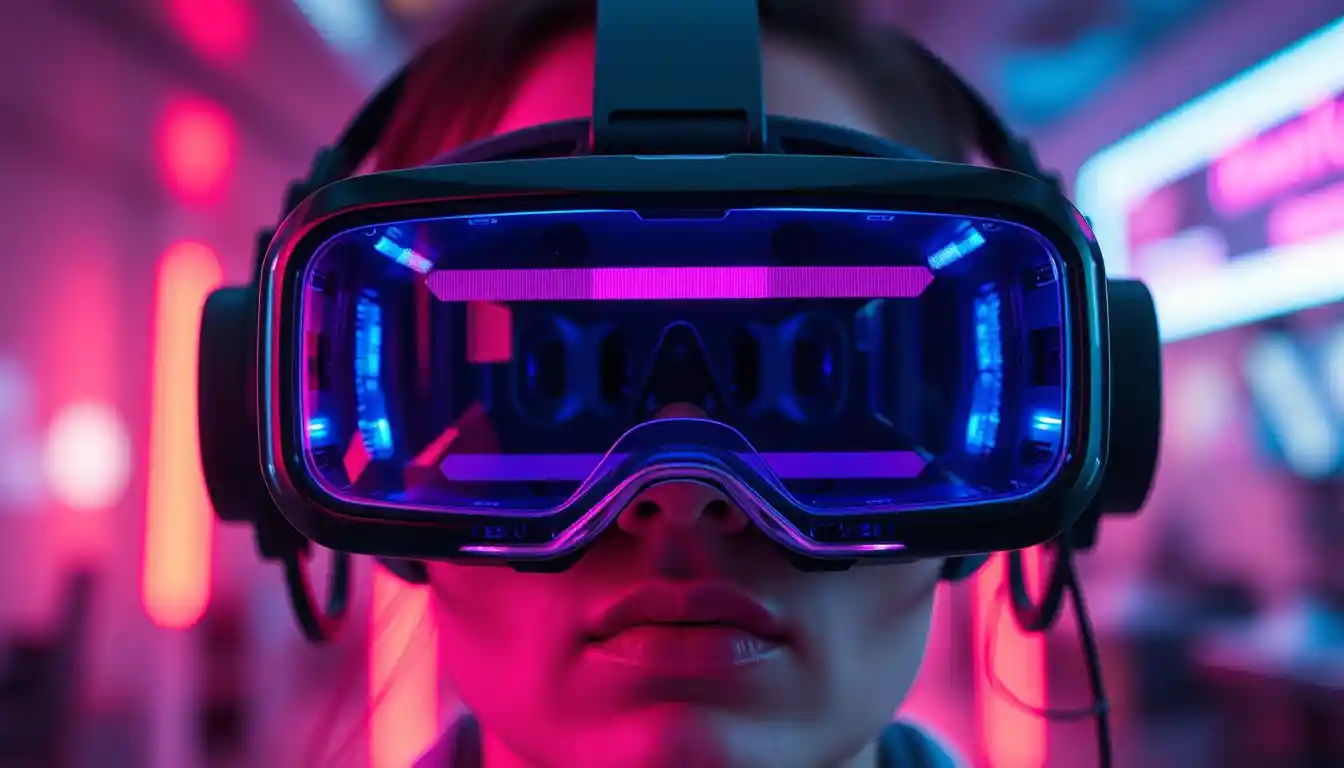 Cyberpunk close up of glowing virtual reality goggles