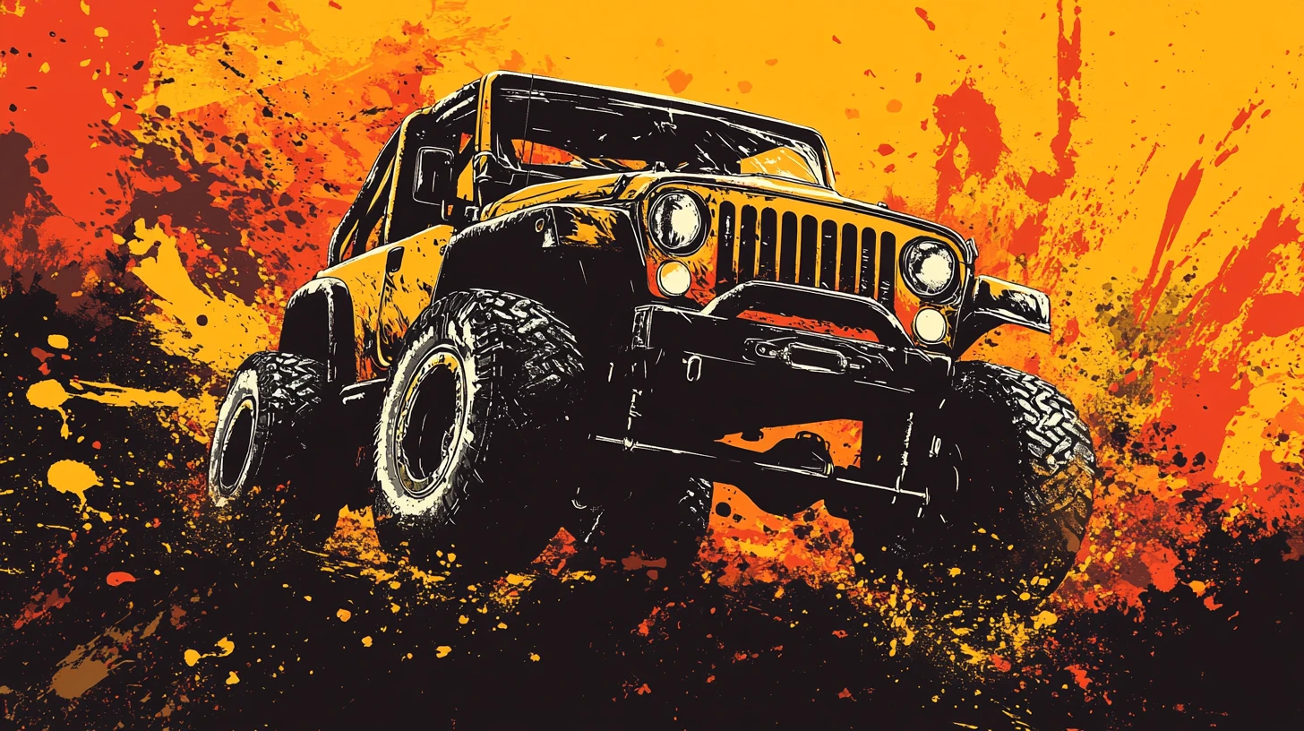 Bold vector jeep with fiery splatter abstract background
