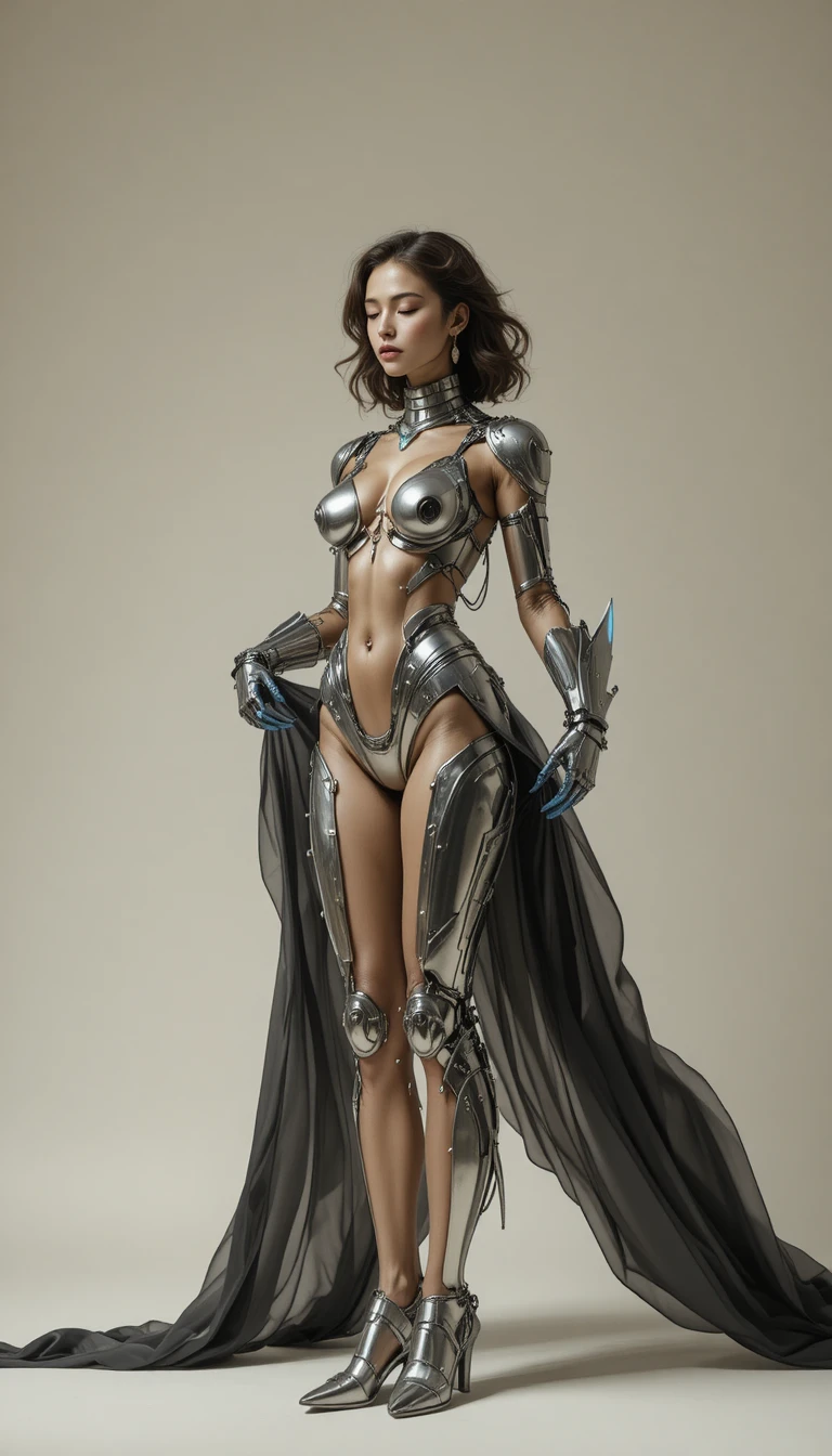 Sensual female cyborg with dragonfly wings in full body view