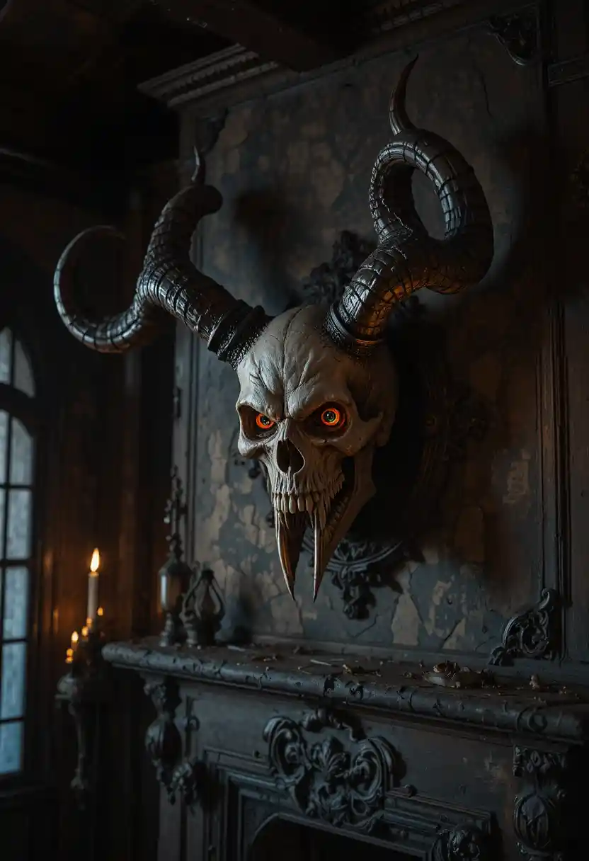 Demonic skull mount glowing above a dark fireplace