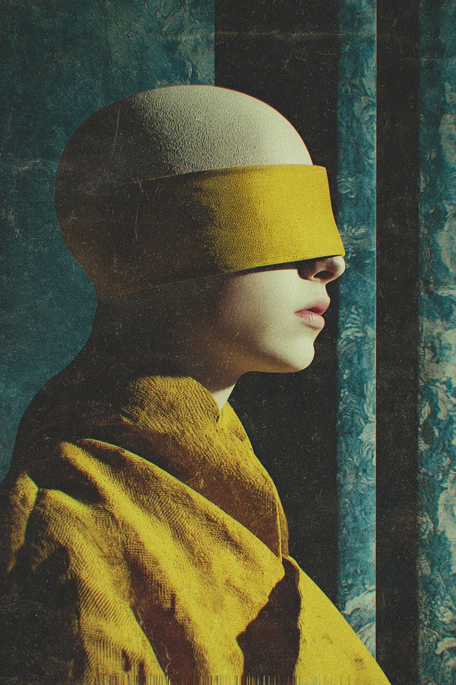 Hombre ansioso frente a la quimioterapia en un collage vintage surrealista