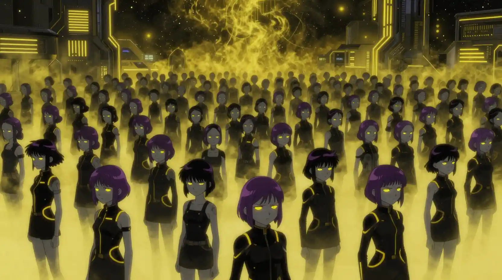 Futuristic crowd of gray skinned teenage girls in neon park