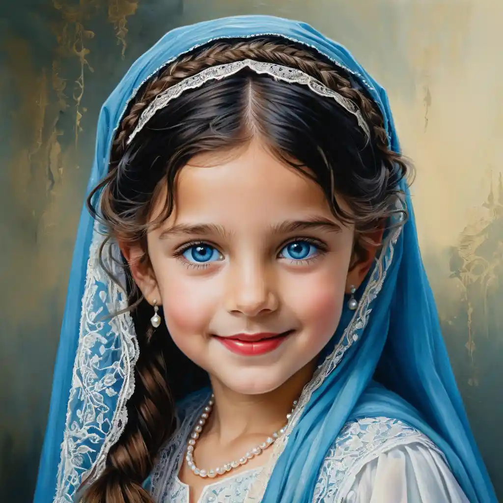 Smiling girl with blue eyes in white lace burqa