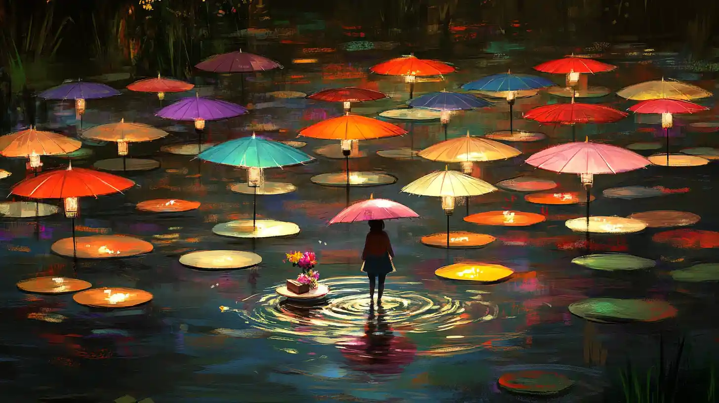 Person crossing colorful umbrellas floating on a quiet river