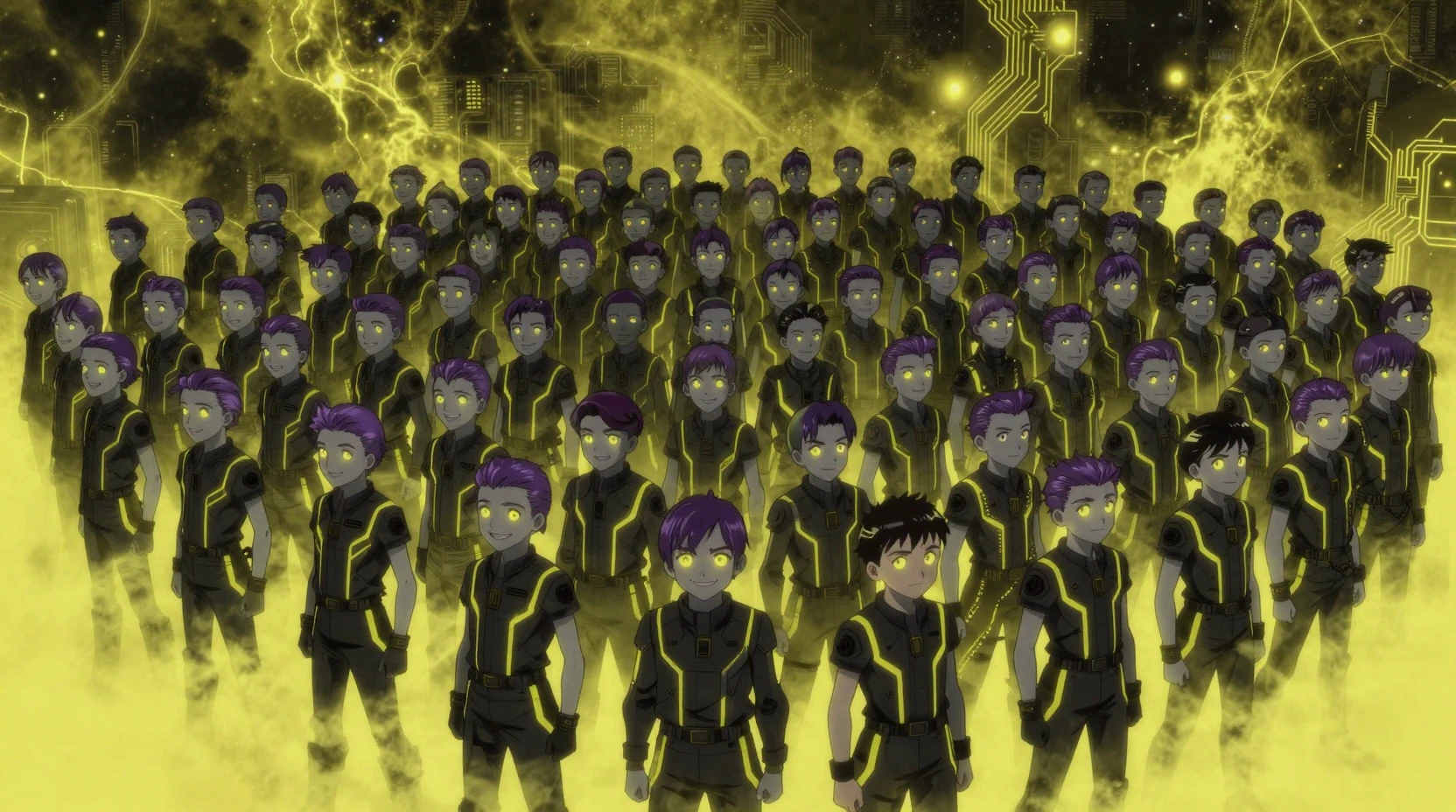 Vast crowd of sci fi teenage boys under yellow cosmic sky