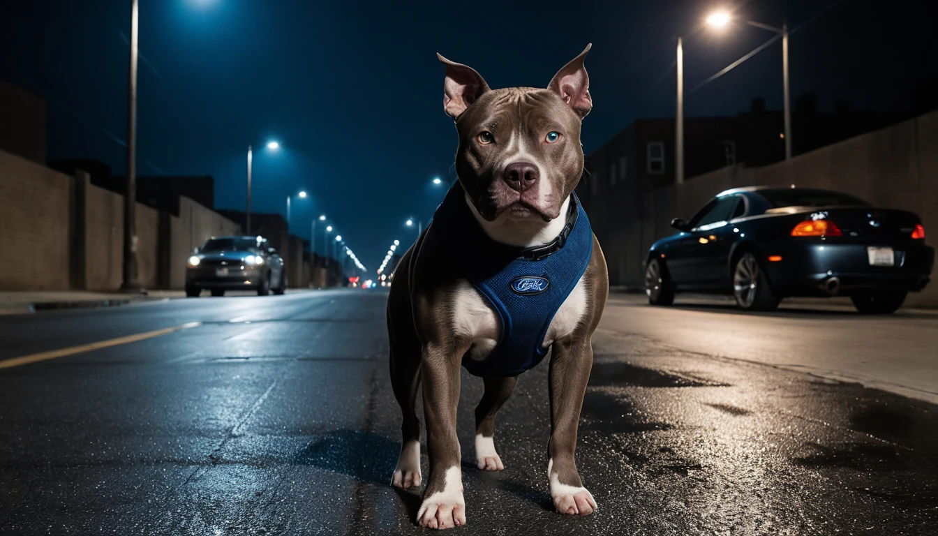 Muscular pit bull in combat vest on dark city street