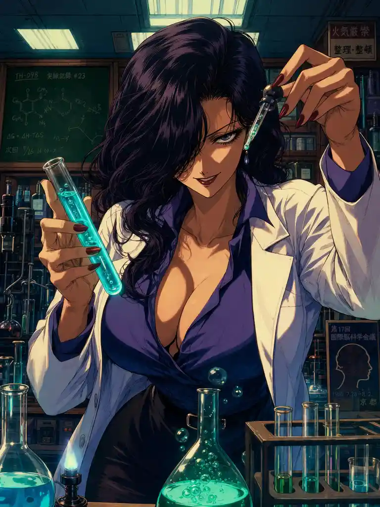 Sinister anime scientist in glowing retro lab scene