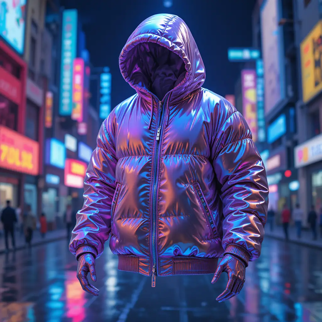 Floating liquid chrome streetwear outfit with neon reflections