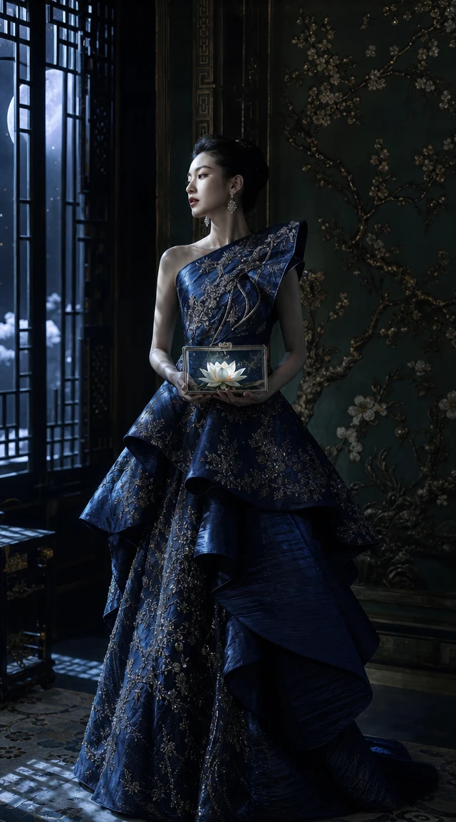 Elegante donna in abito blu mezzanotte in interno lussuoso