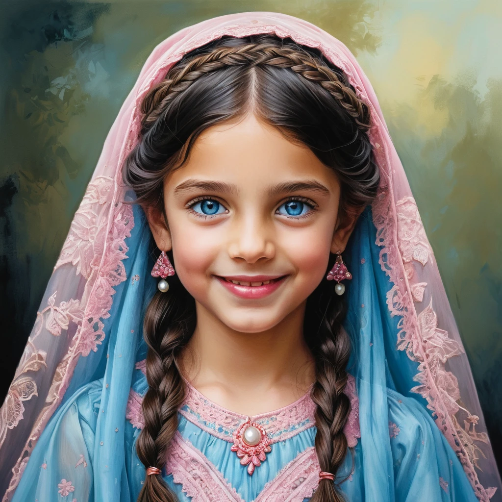 Smiling girl with blue eyes in pink burqa illustration