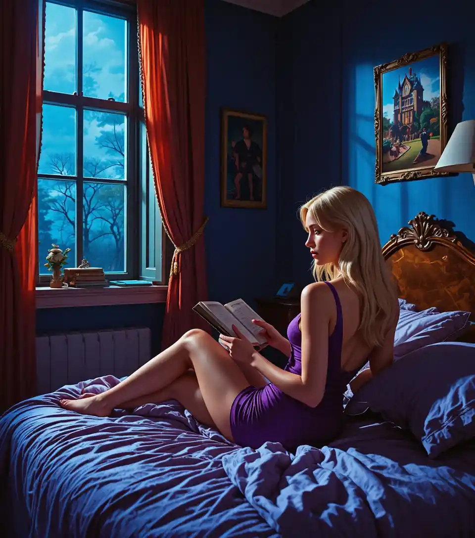 Bald man reading on bed in dimly lit bedroom