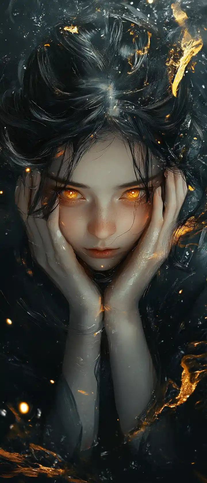 Melancholic girl with glowing hair in a dark fantasy portrait