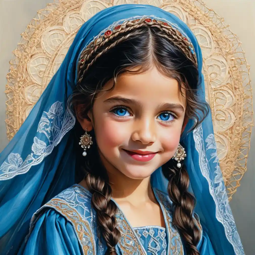 Smiling girl in blue burqa with golden veil portrait