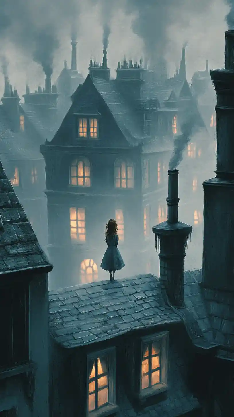 Tiny girl walking across dreamy rooftop cityscape