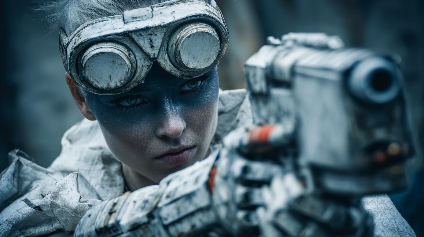 Bald woman with mechanical arm in post apocalyptic cloak