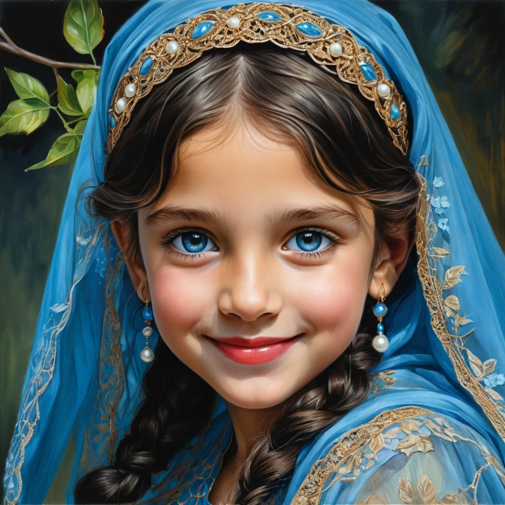Smiling girl with blue burqa and golden veil portrait