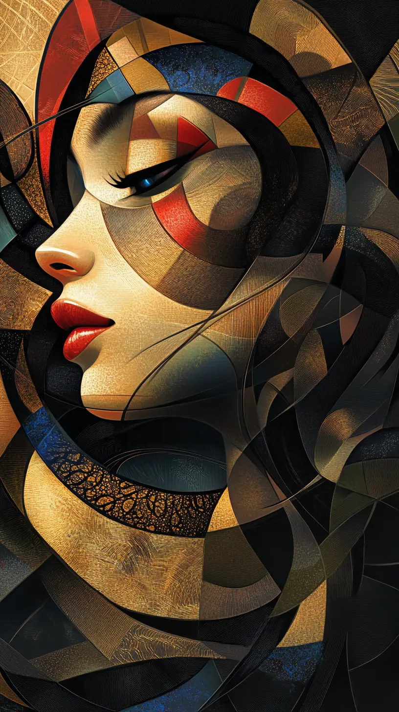 Surreal feline avian face with glowing eyes and gold details