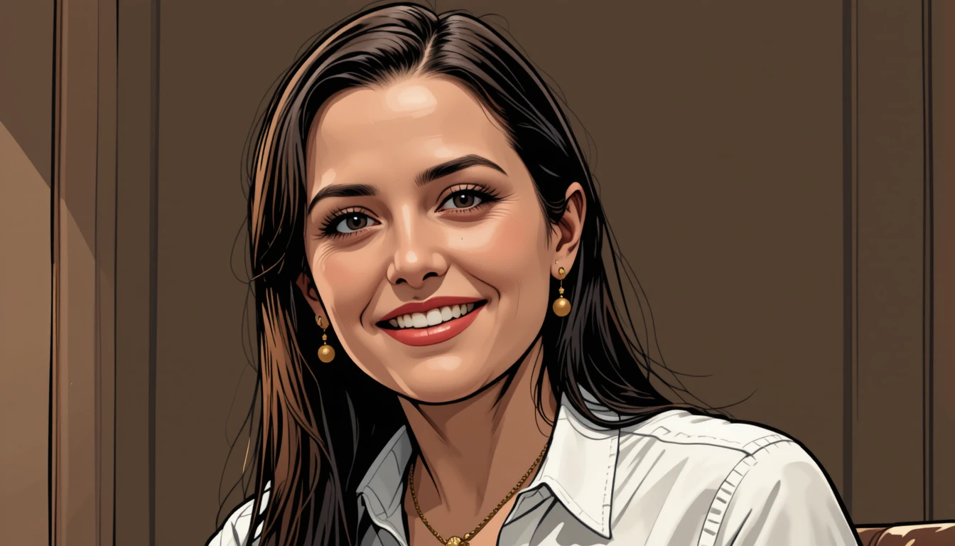 Smiling woman in white shirt against dark brown wall