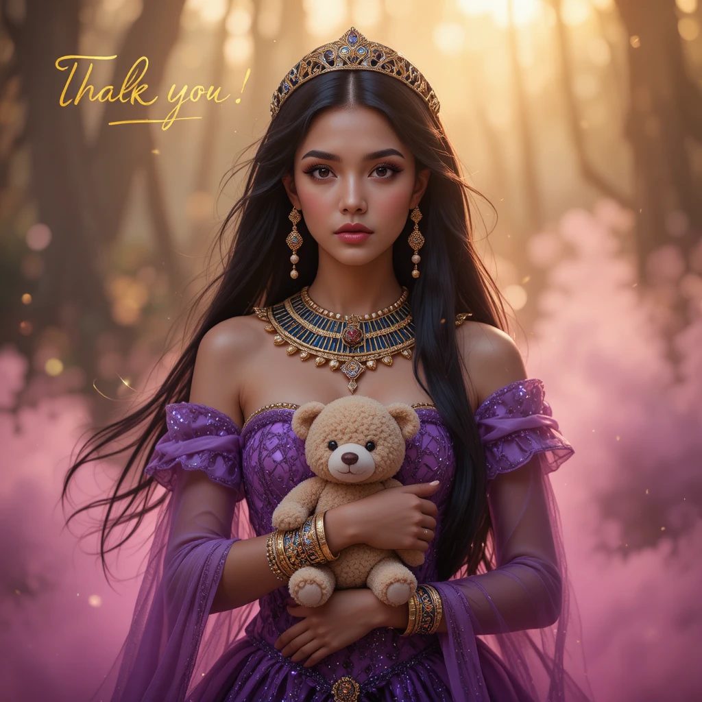 Egyptian princess in purple gown holding teddy bear