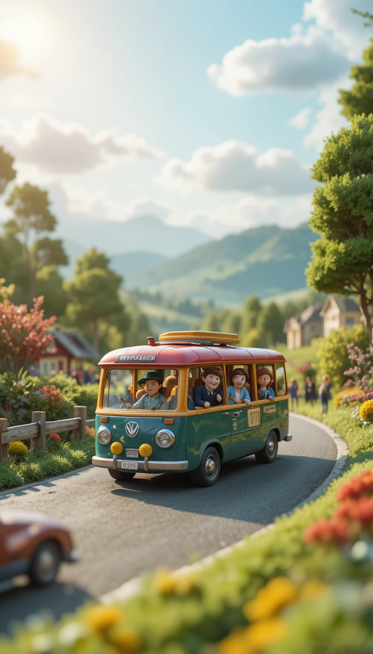 Miniature clay bus touring a cozy French countryside