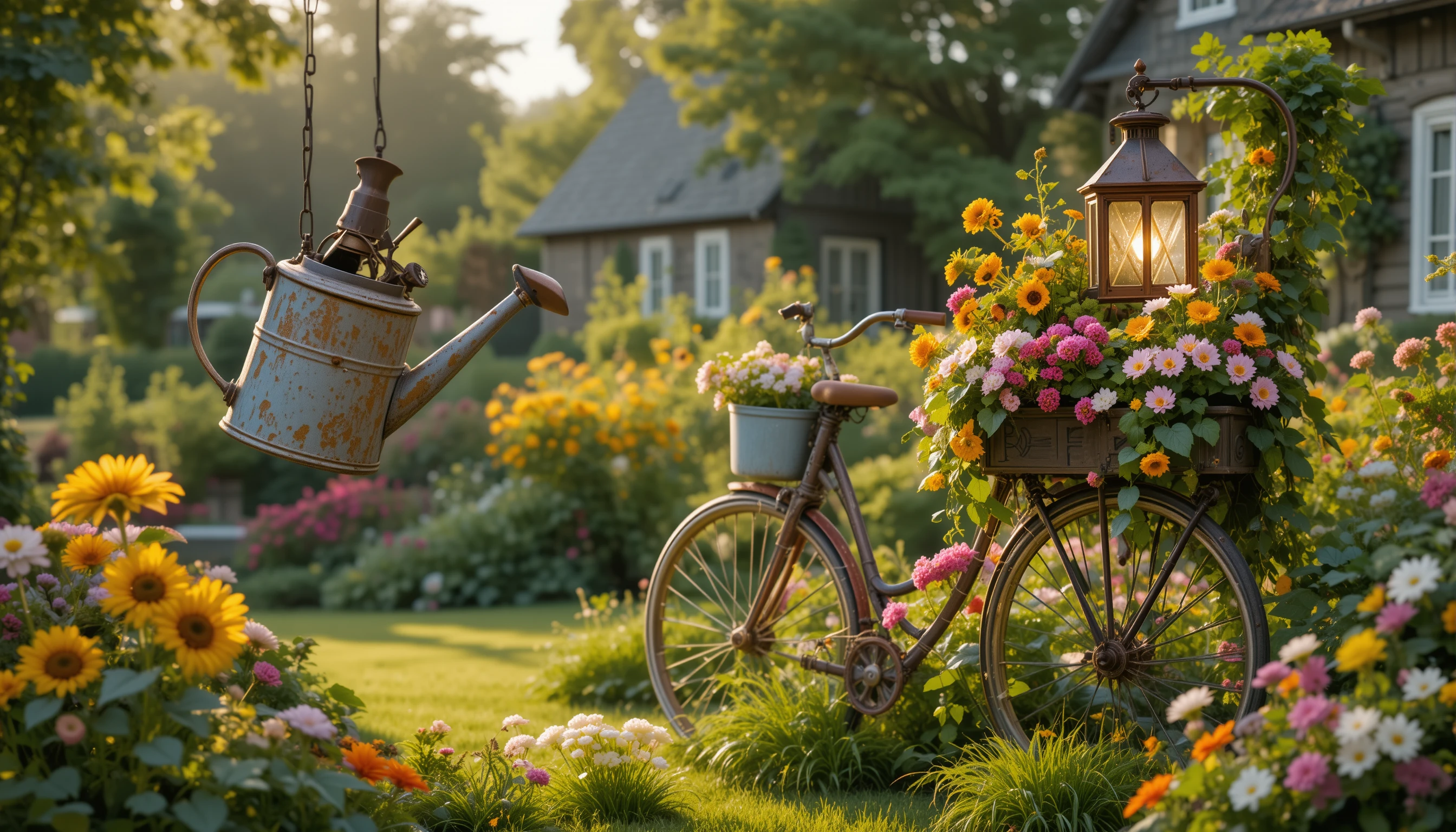 Summer garden with upcycled lamp and blooming flowers