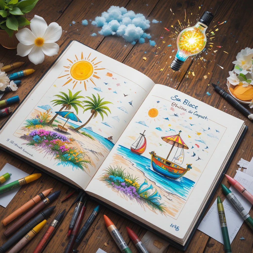Colorful summer drawing in an open sketchbook on table