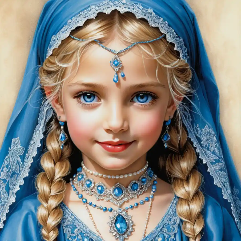 Smiling blue eyed girl in blue burqa colored pencil art
