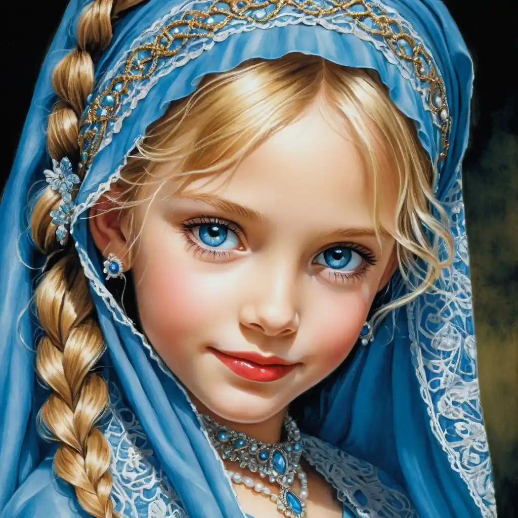 Smiling blonde girl in blue burqa colored pencil portrait