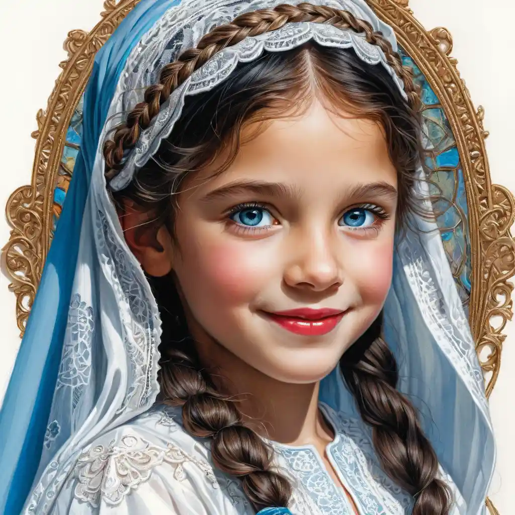 Smiling girl with blue eyes in white lace burqa